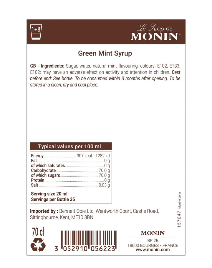MONIN Green Mint Syrup 700ml - Vegan, Allergen-Free, Natural Flavouring for Cocktails, Mocktails & Drinks