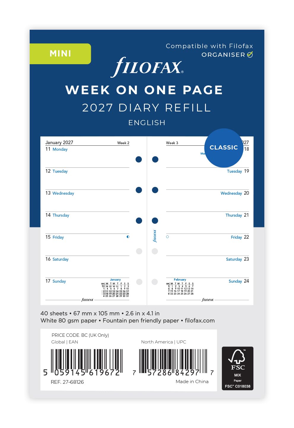 Filofax Mini 2027 Diary Refill - Week Per Page | 67mm x 105mm | 27-68126