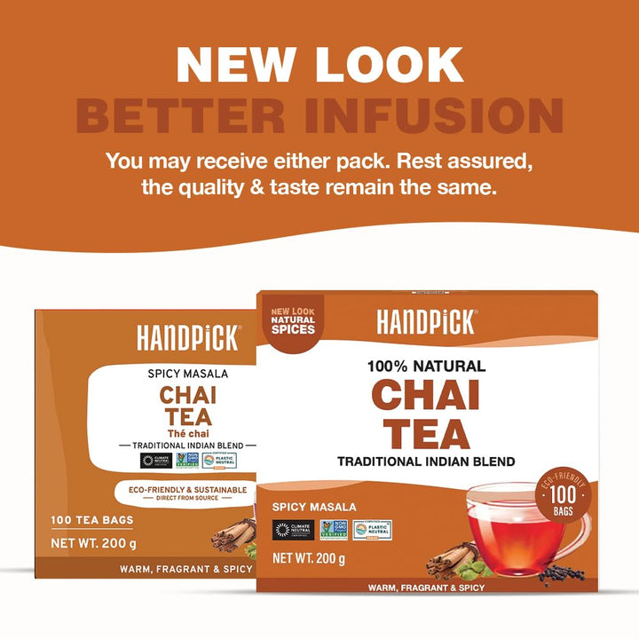 HANDPICK Masala Chai Tea Bags from India (100 Count) - Cinnamon, Black Pepper, Cloves & Cardamom - Eco-conscious Round Tea Bags