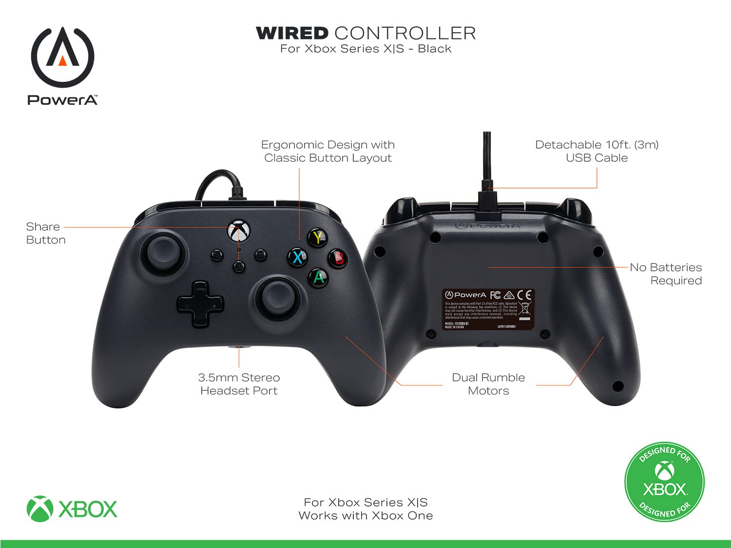 PowerA Wired Controller for Xbox Series X|S, Xbox One, and PC | Black 3