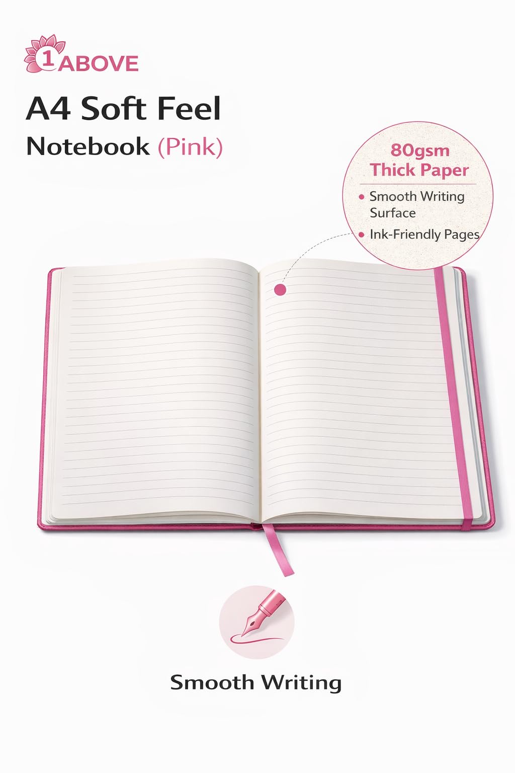 1ABOVE A4 Soft Feel Executive Notebook | Hardback | 160 Lined Pages | Pink 3