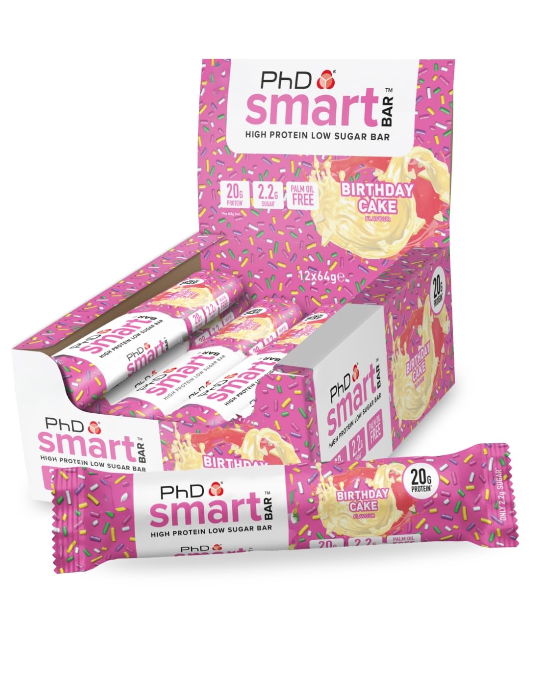 PhD Nutrition Smart Protein Bar - Birthday Cake | 20g Protein | Low Sugar | 12 Bars 1