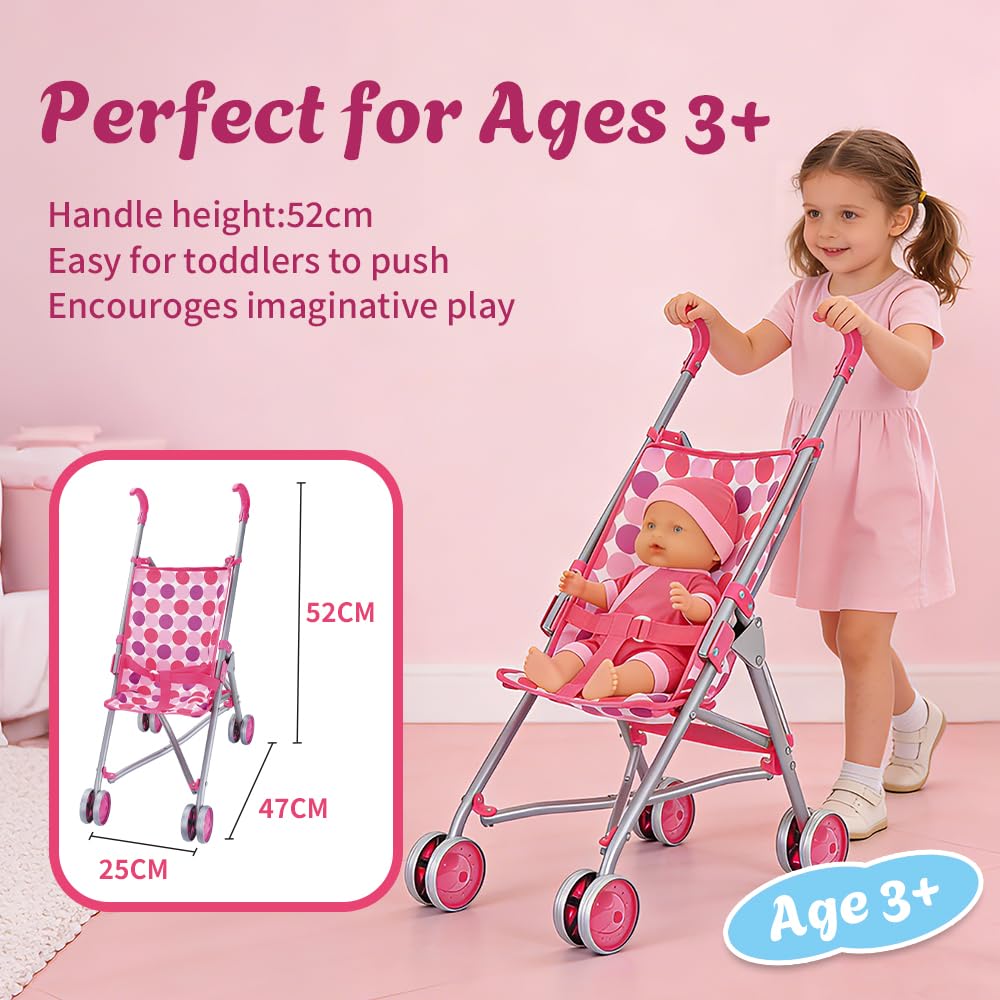 RAM ONLINE Kids Pretend Play Folding Pushchair for Dolls | Pink Plastic | Ages 3+ 4