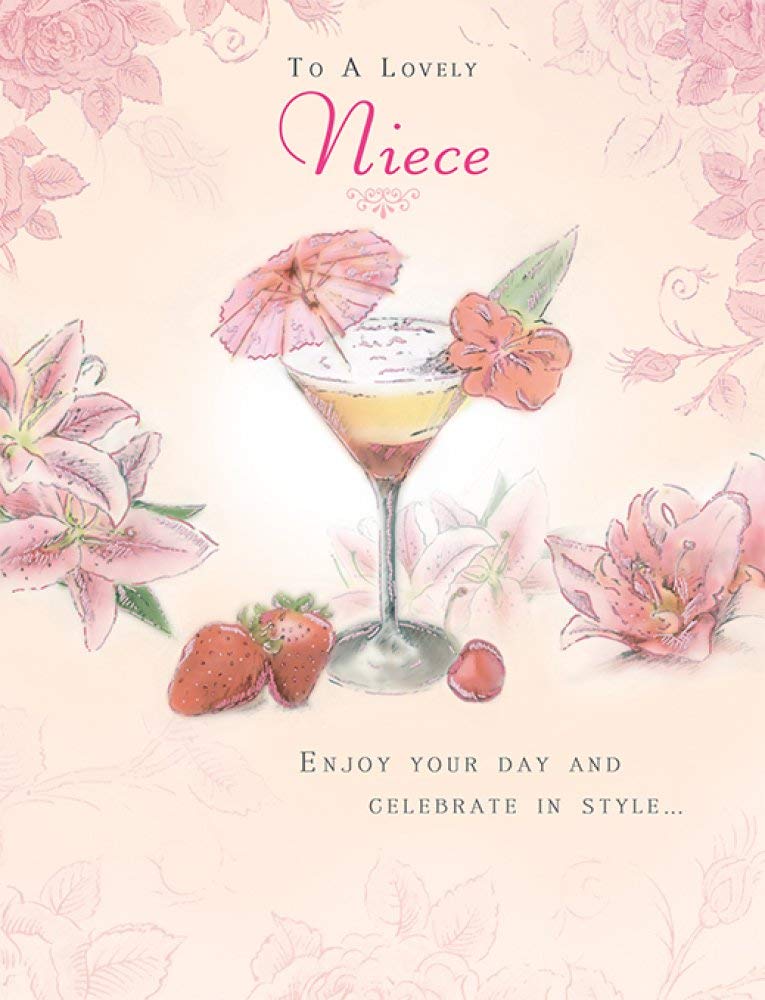 Piccadilly Greetings Birthday Card for Niece - Glitter Coated Cocktail & Strawberries | 8 x 6 Inches