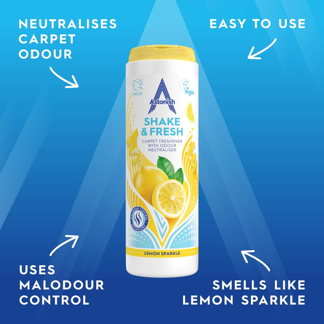 Astonish Shake & Fresh Carpet Freshener - Lemon Sparkle Scent (Multipack of 3 Bottles)