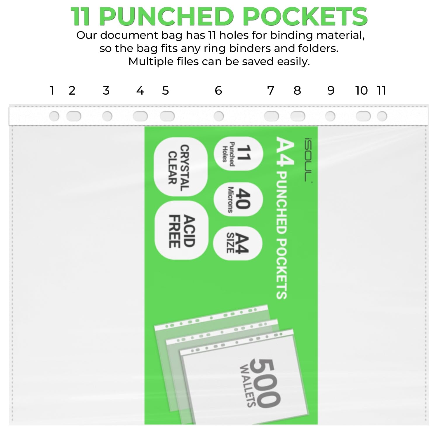 iSOUL A4 Plastic File Pockets - 100 Pack Heavy Duty 40 Micron with 11 Reinforced Holes | Crystal Clear 6