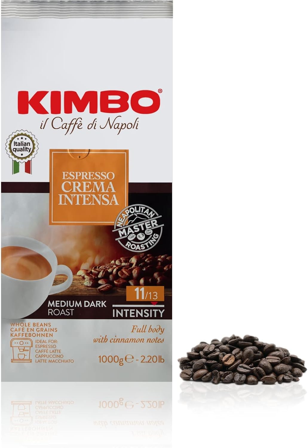 Kimbo Crema Intensa Whole Coffee Beans - Medium Roast, 1kg Bag
