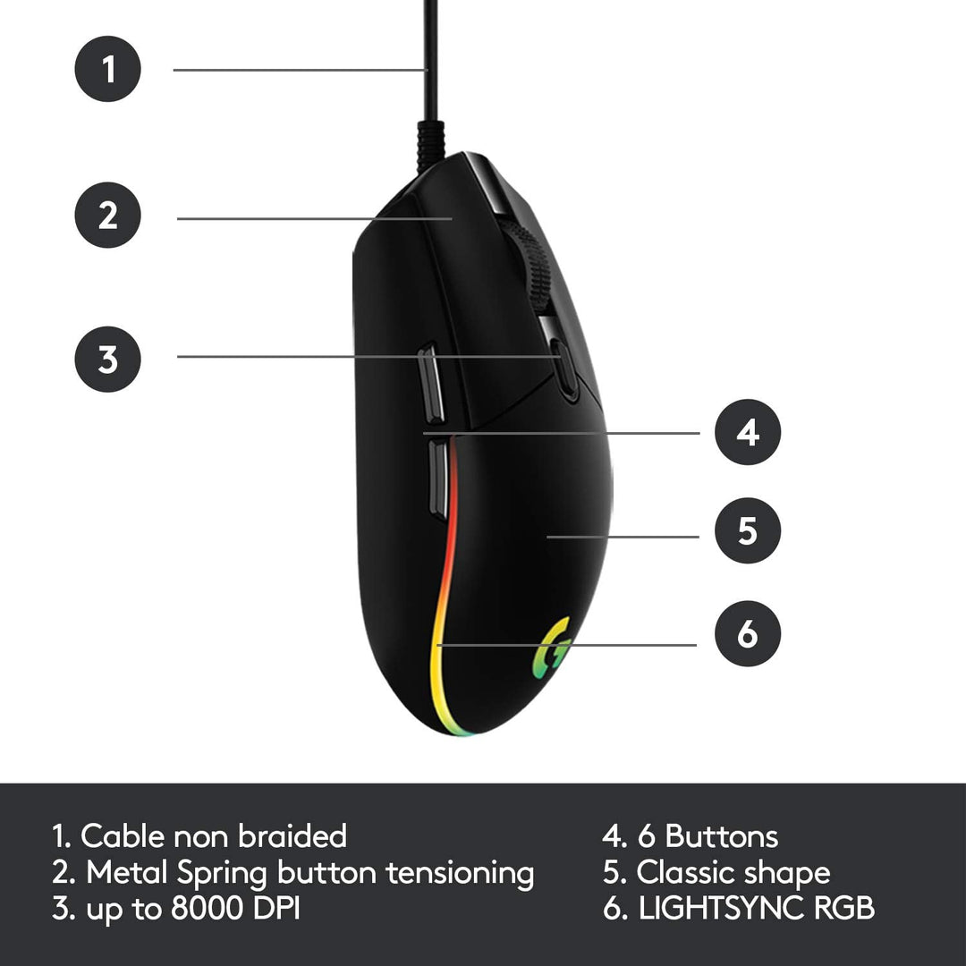 Logitech G203 LIGHTSYNC Gaming Mouse - 8K DPI, 6 Programmable Buttons, RGB Lighting, Lightweight Design - Black