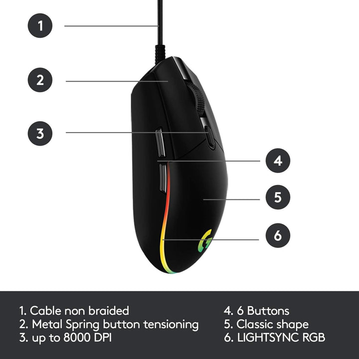 Logitech G203 LIGHTSYNC Gaming Mouse - 8K DPI, 6 Programmable Buttons, RGB Lighting, Lightweight Design - Black