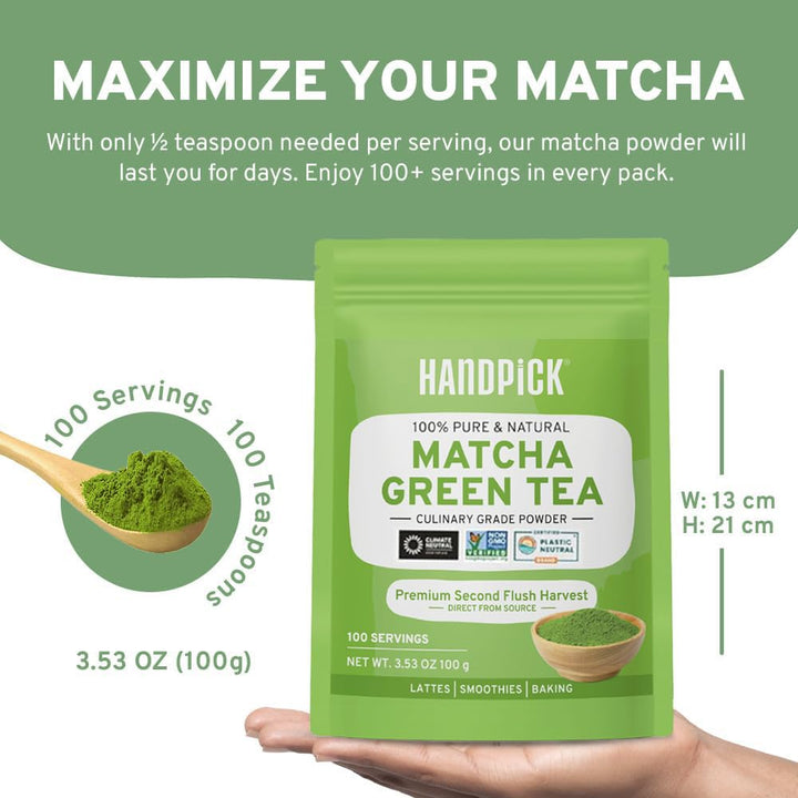 HANDPICK Japanese Matcha Green Tea Powder (100g) - Culinary Grade, Non-GMO, Resealable Packaging