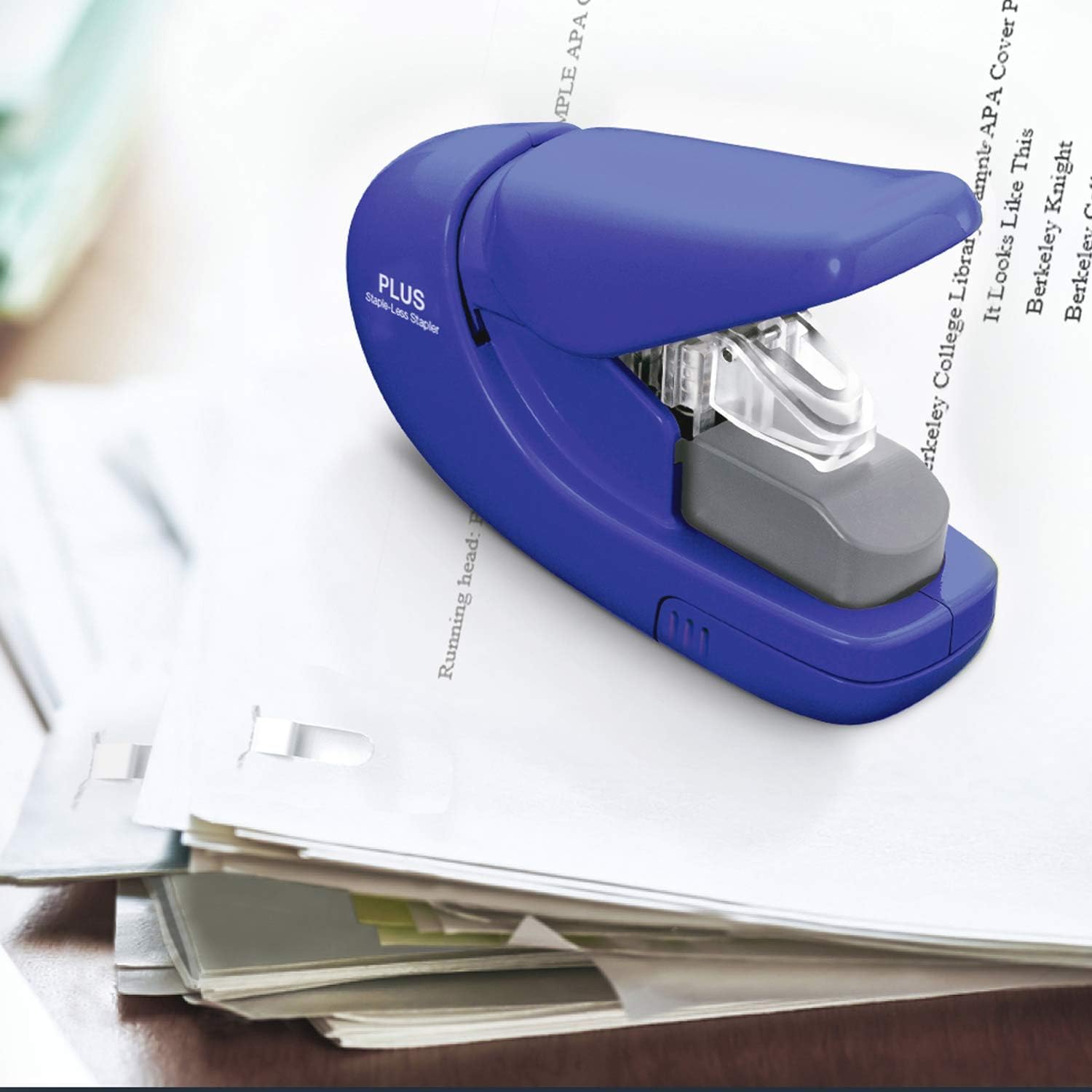PLUS Desktop Stapler - Staple-Free, 5 Sheet Capacity, Blue | Power Assist Mechanism 6