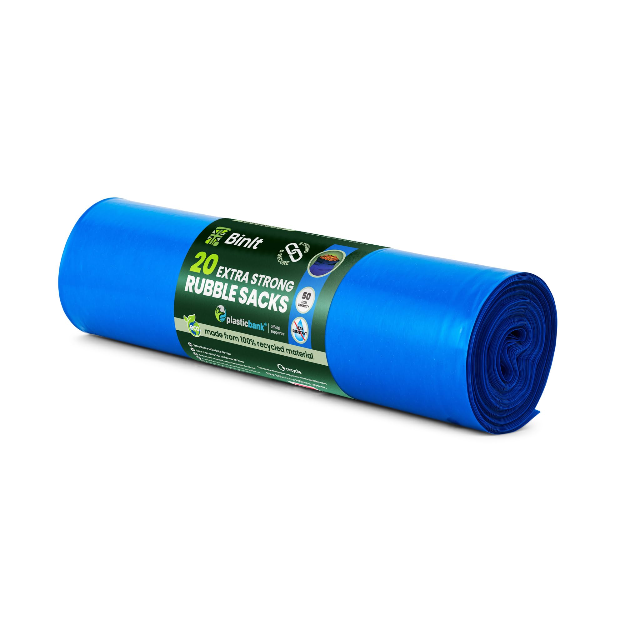 BIN IT Bin Liners - 20 Extra Strong Heavy Duty Blue Rubble Sacks | 50 Litre Capacity | 100% Recycled LDPE 1