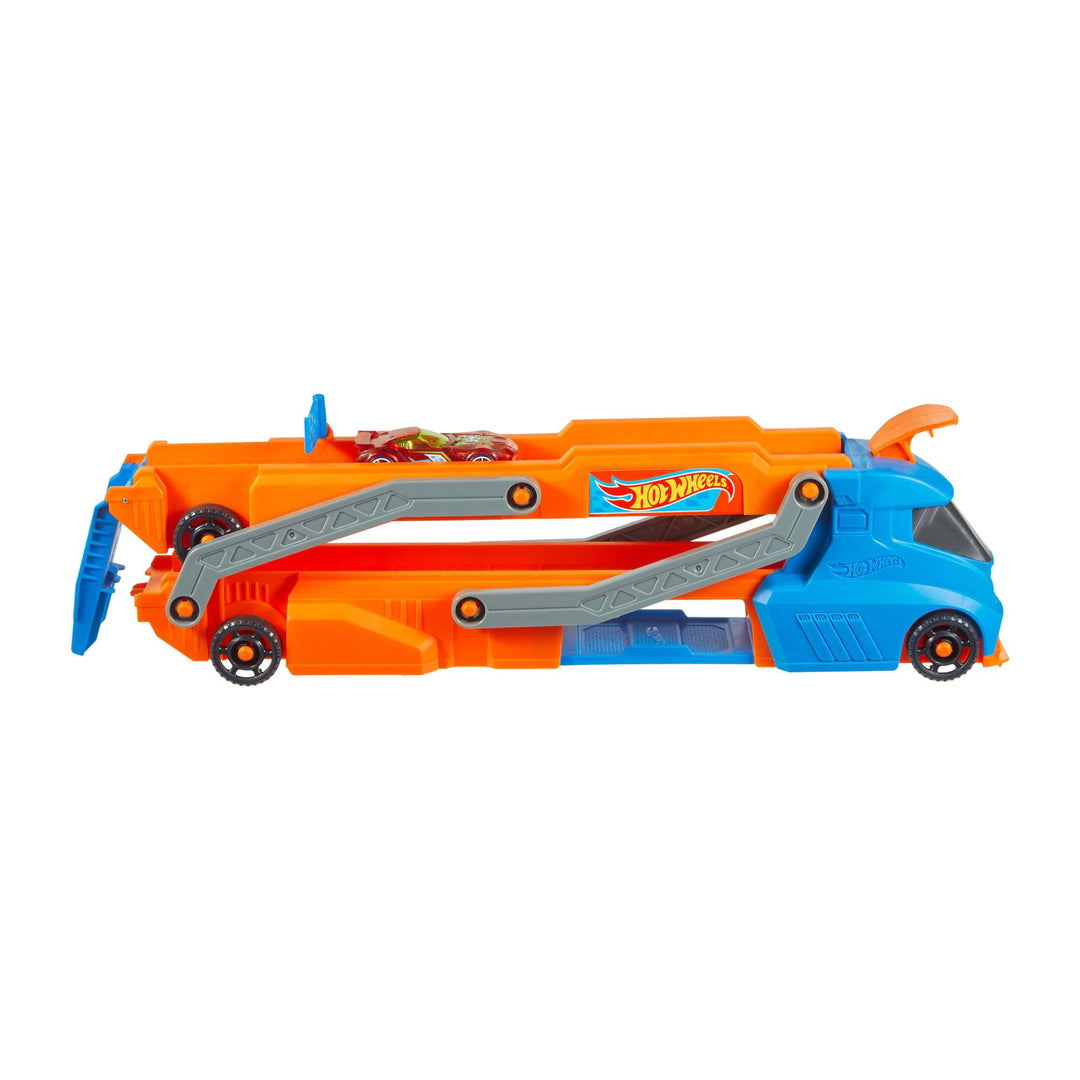 Hot Wheels Speed Track Transporter Playset - Orange City Speed Vehicle with 1:64 Scale Car & 2.5-Foot Track for Kids