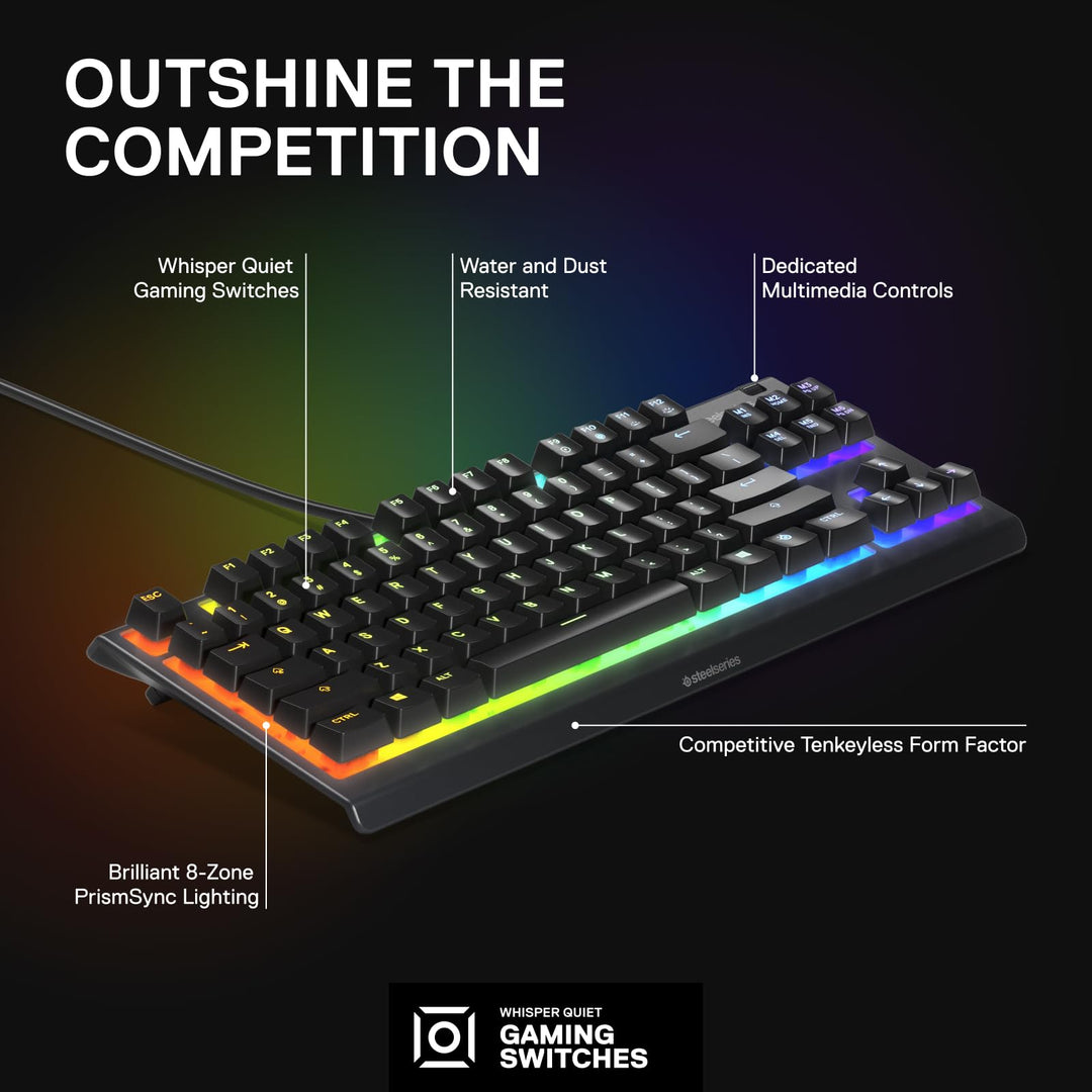 SteelSeries Apex 3 TKL RGB Gaming Keyboard - Tenkeyless Compact Design - IP32 Water & Dust Resistant - English QWERTY - Black