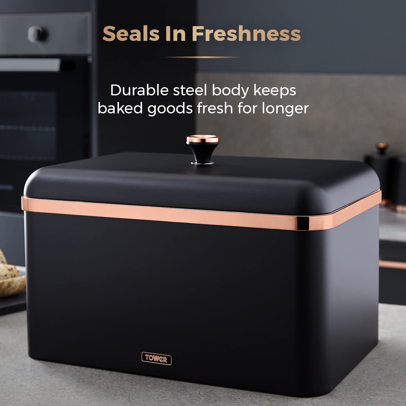 Tower Cavaletto Bread Bin - Large Capacity, Durable Carbon Steel, Removable Lid, Black 4