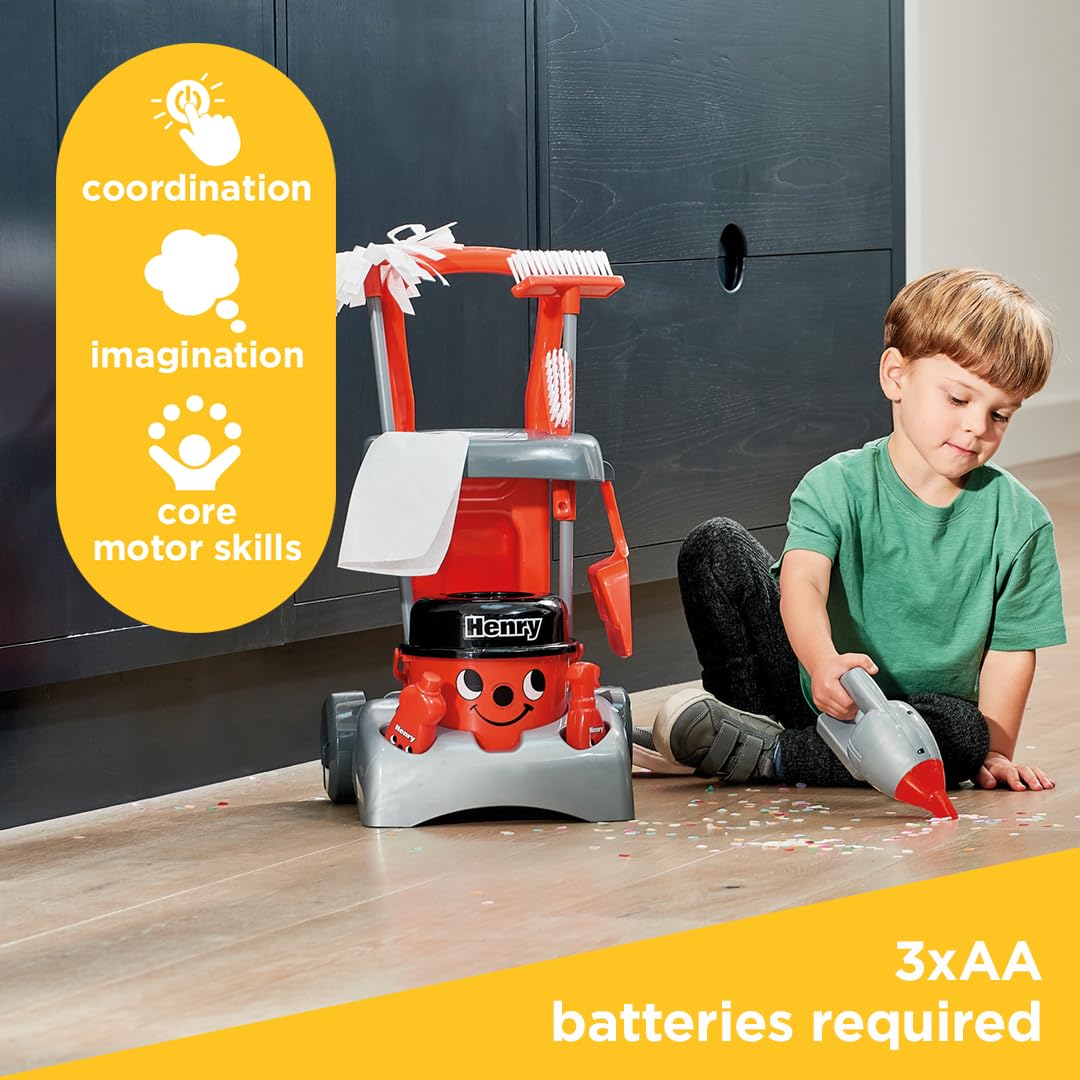 Casdon Henry Deluxe Cleaning Trolley Toy Playset with Working Hand Vacuum | Ages 3+ 4