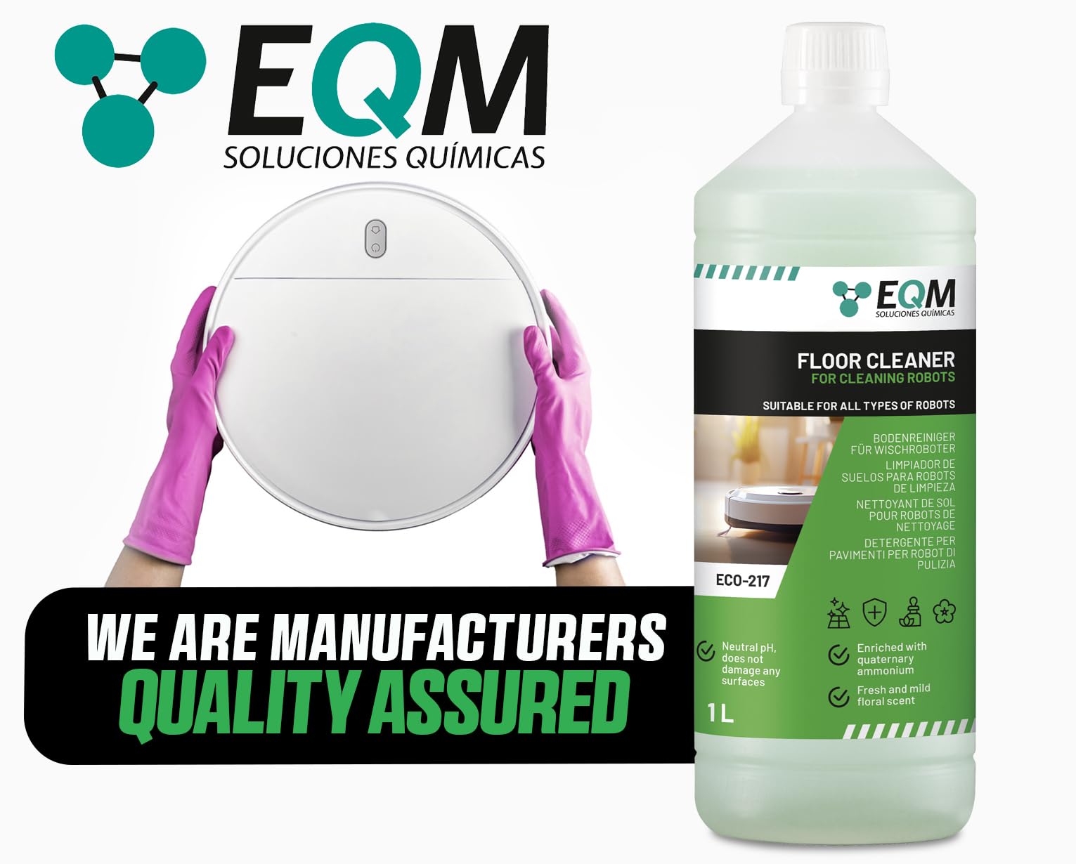 EQM SOLUCIONES QUIMICAS ECO-217 Floor Cleaner for Wiping Robots | 1L | Neutral pH | Floral Scent 6