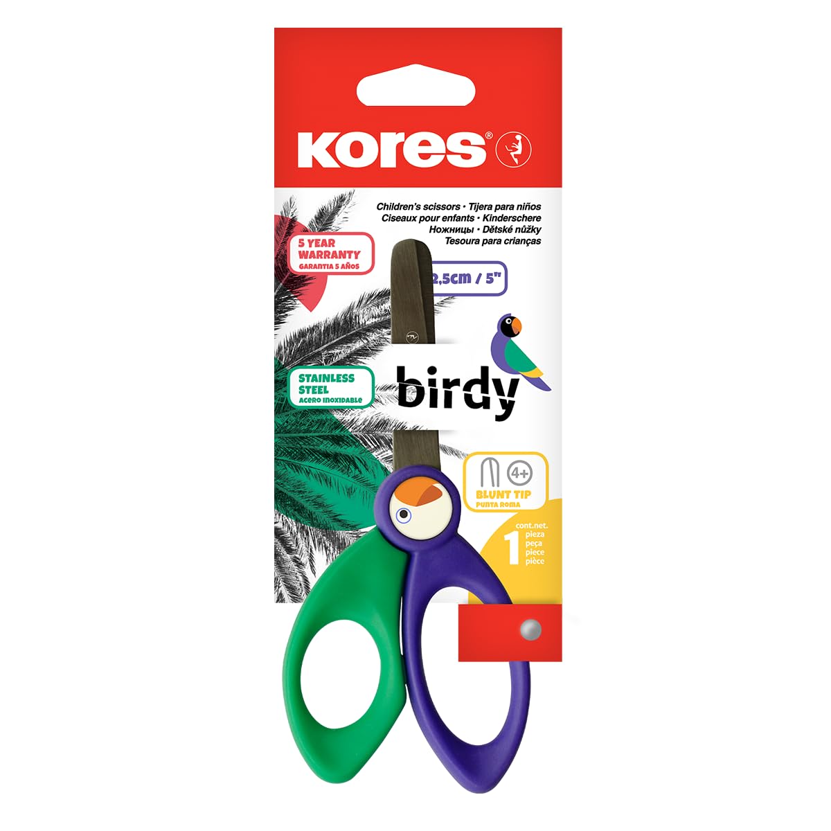 Kores Birdy Children Safety Scissors - Blunt Tip, Stainless Steel Blades, Assorted Colors | 125mm 1
