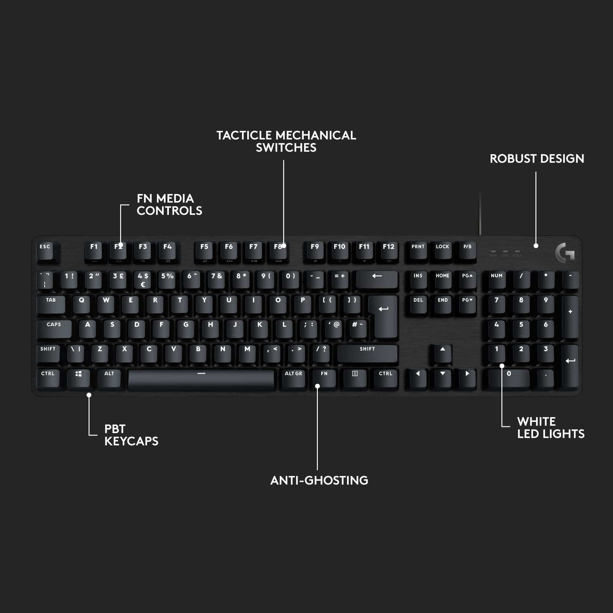 Logitech G G413 SE Full-Size Mechanical Gaming Keyboard - Tactile Switches | PBT Keycaps | White LED 8