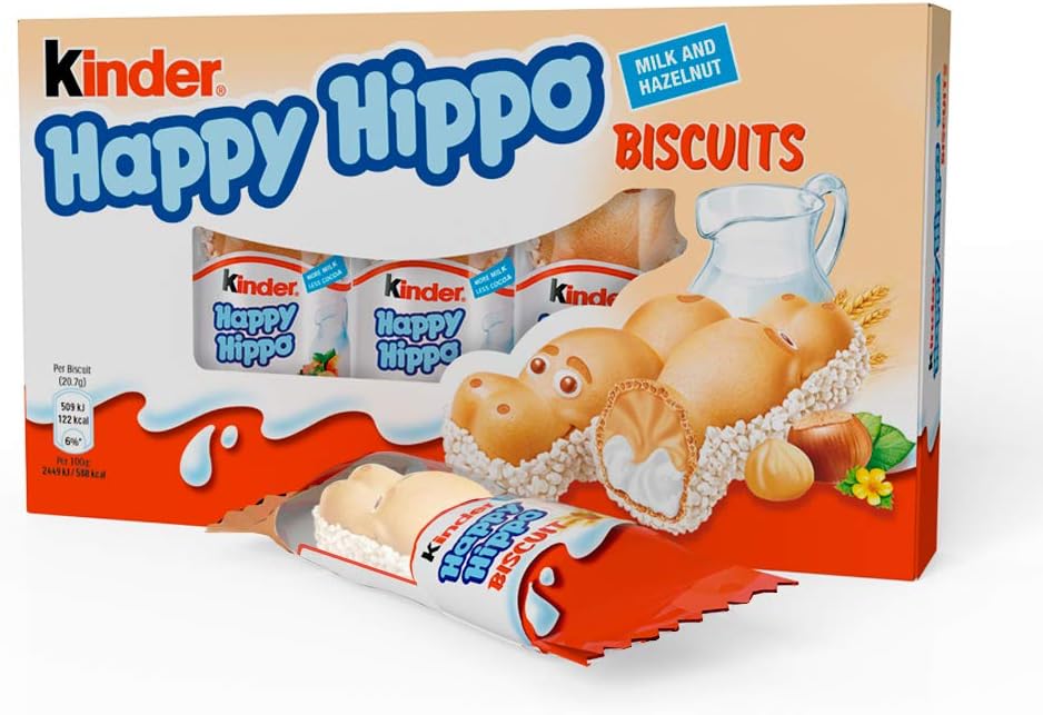 Kinder Happy Hippo Hazelnut Biscuit Wafer with Milk and Hazelnut Filling, 10 Packs of 5 Biscuits (50 Total)