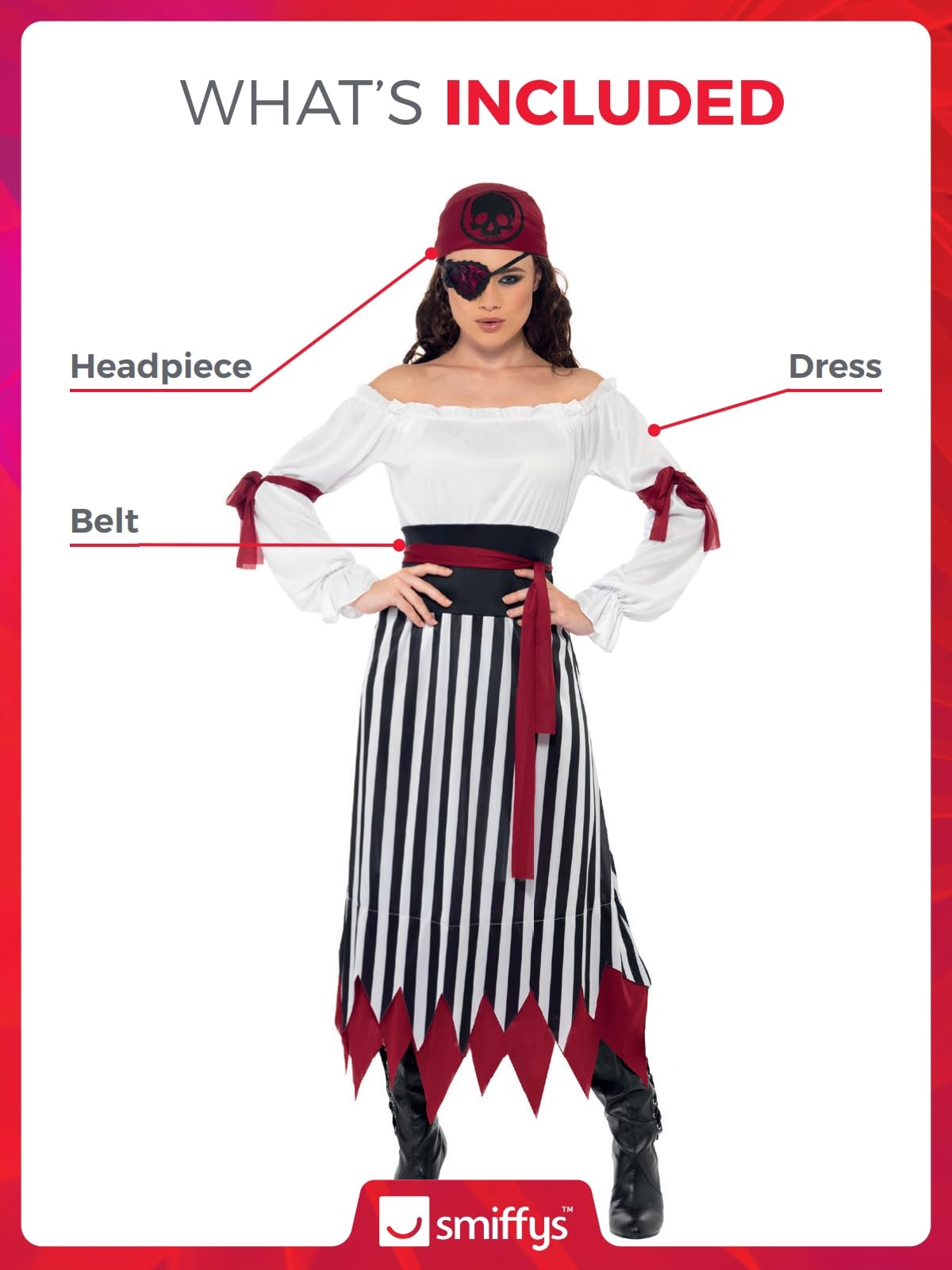 Smiffys Pirate Lady Costume - Black & White Dress with Arm Ties, Belt & Headpiece, Size L (UK 16-18) 3