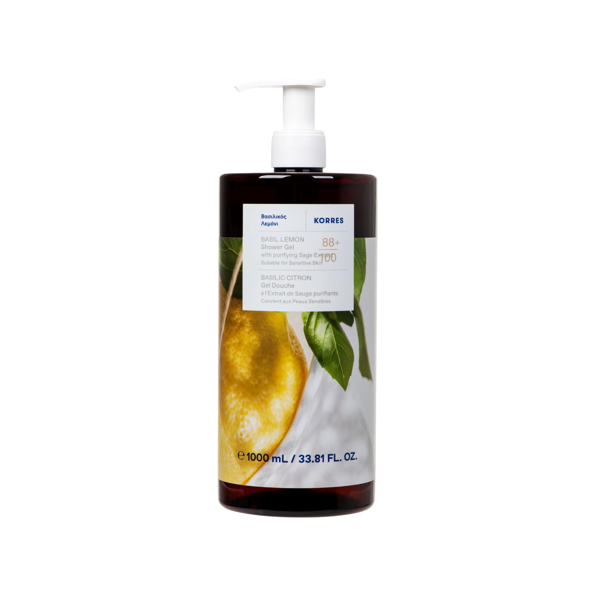 Korres Basil Lemon Shower Gel - 1L Gel to Foam Cleanser for Unisex Adult Skin 1