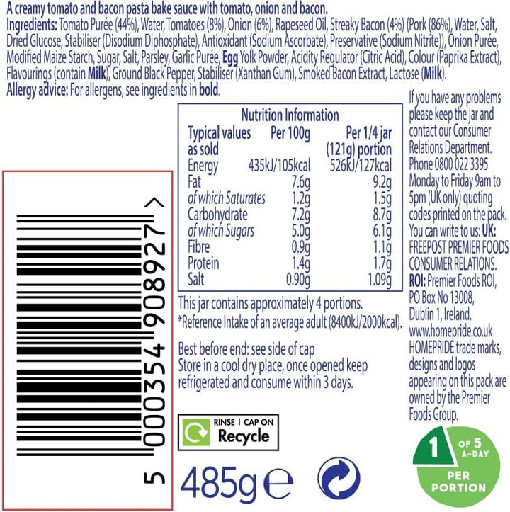 Homepride Tomato & Bacon Pasta Bake Sauce, 485g Jar