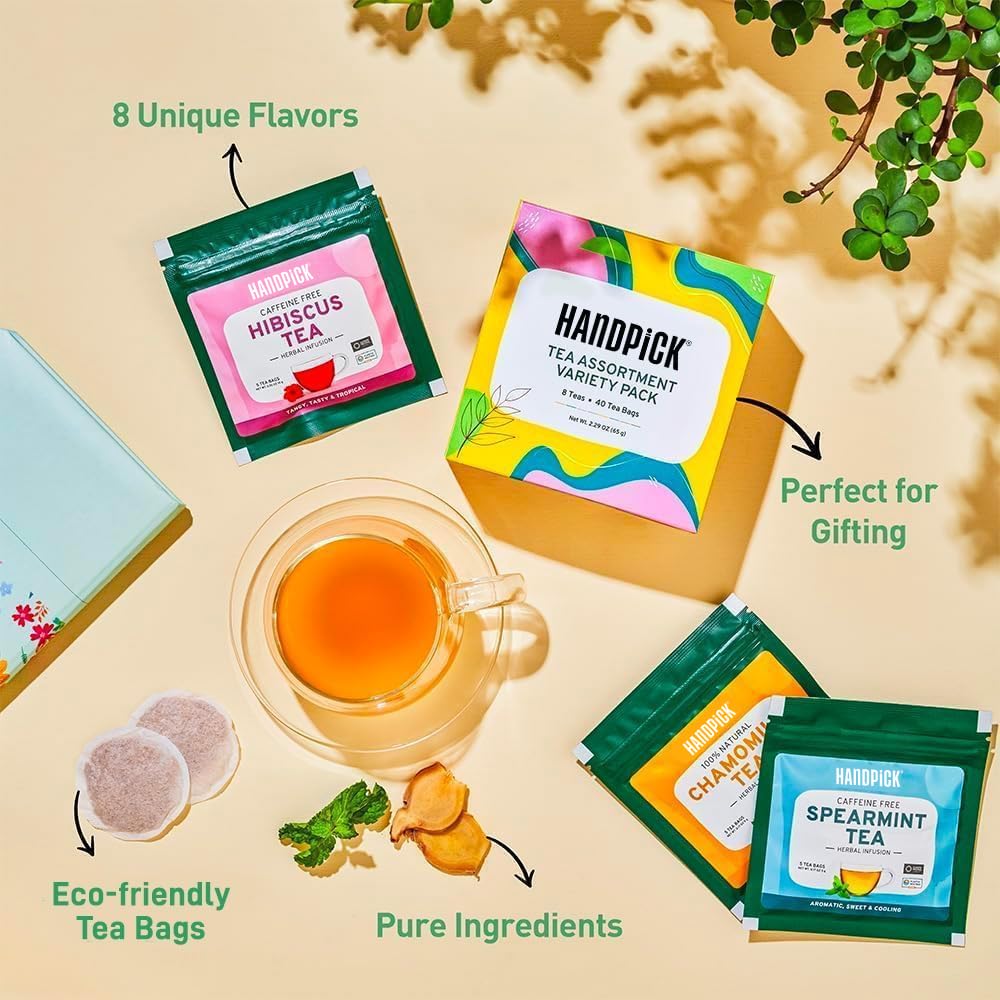 HANDPICK Tea Bags Sampler Assortment Variety Pack - 8 Flavors, 40 Tea Bags - Gift Box