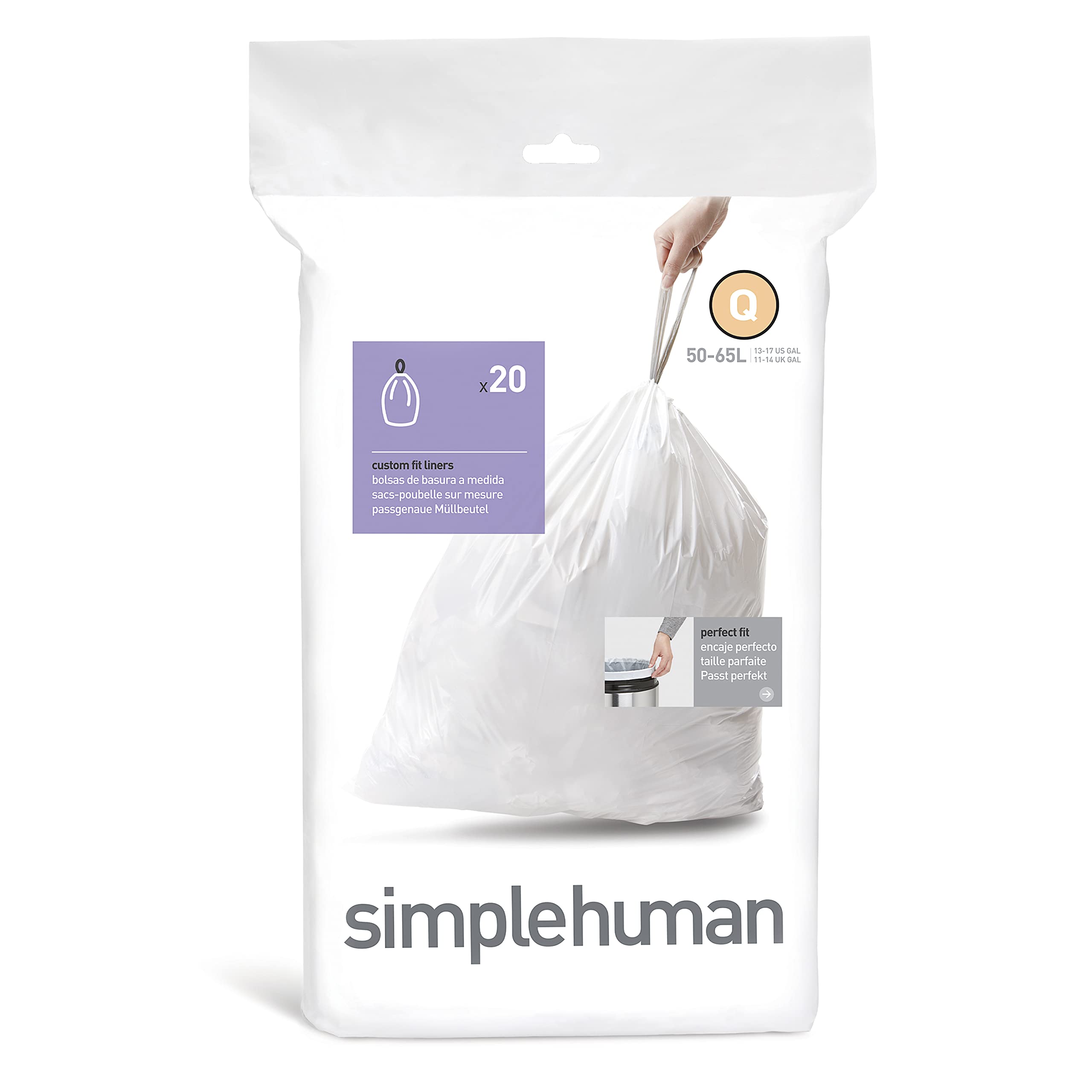 simplehuman Code Q Custom Fit Bin Liners - 17 Gallon Capacity, White Plastic (20 Count) 1