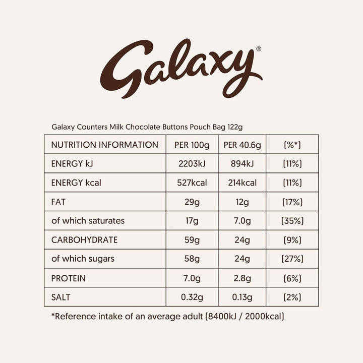 Galaxy Counters Chocolate Pouch Bulk Box, Milk Chocolate, Kosher Certified, 15 x 112g