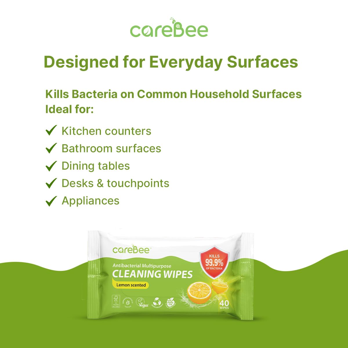 CareBee Plastic-Free Antibacterial Surface Wipes - Plant-Based, Biodegradable, Lemon Scent | Pack of 6 7