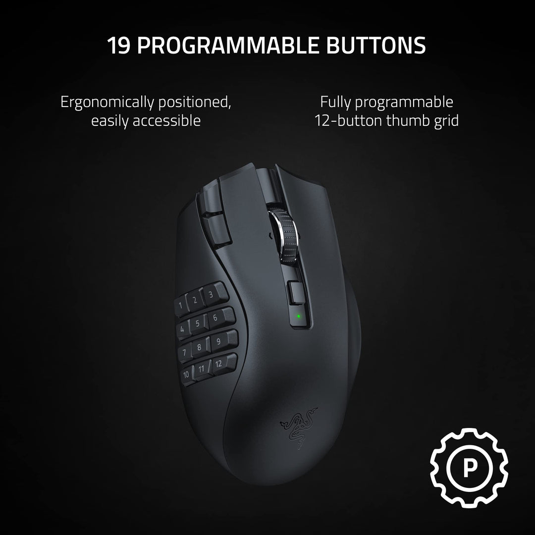 Razer Naga V2 HyperSpeed - Wireless MMO Gaming Mouse with 19 Programmable Buttons, Black