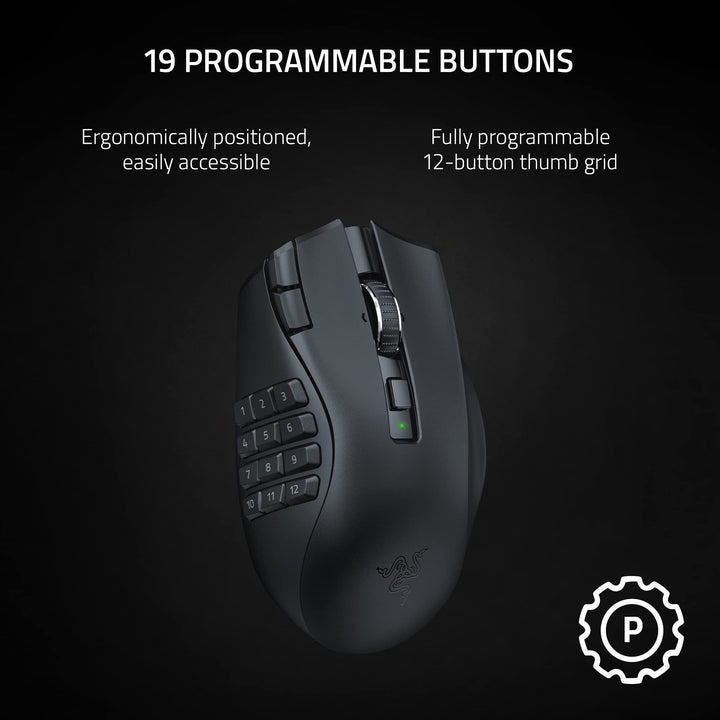 Razer Naga V2 HyperSpeed - Wireless MMO Gaming Mouse with 19 Programmable Buttons, Black