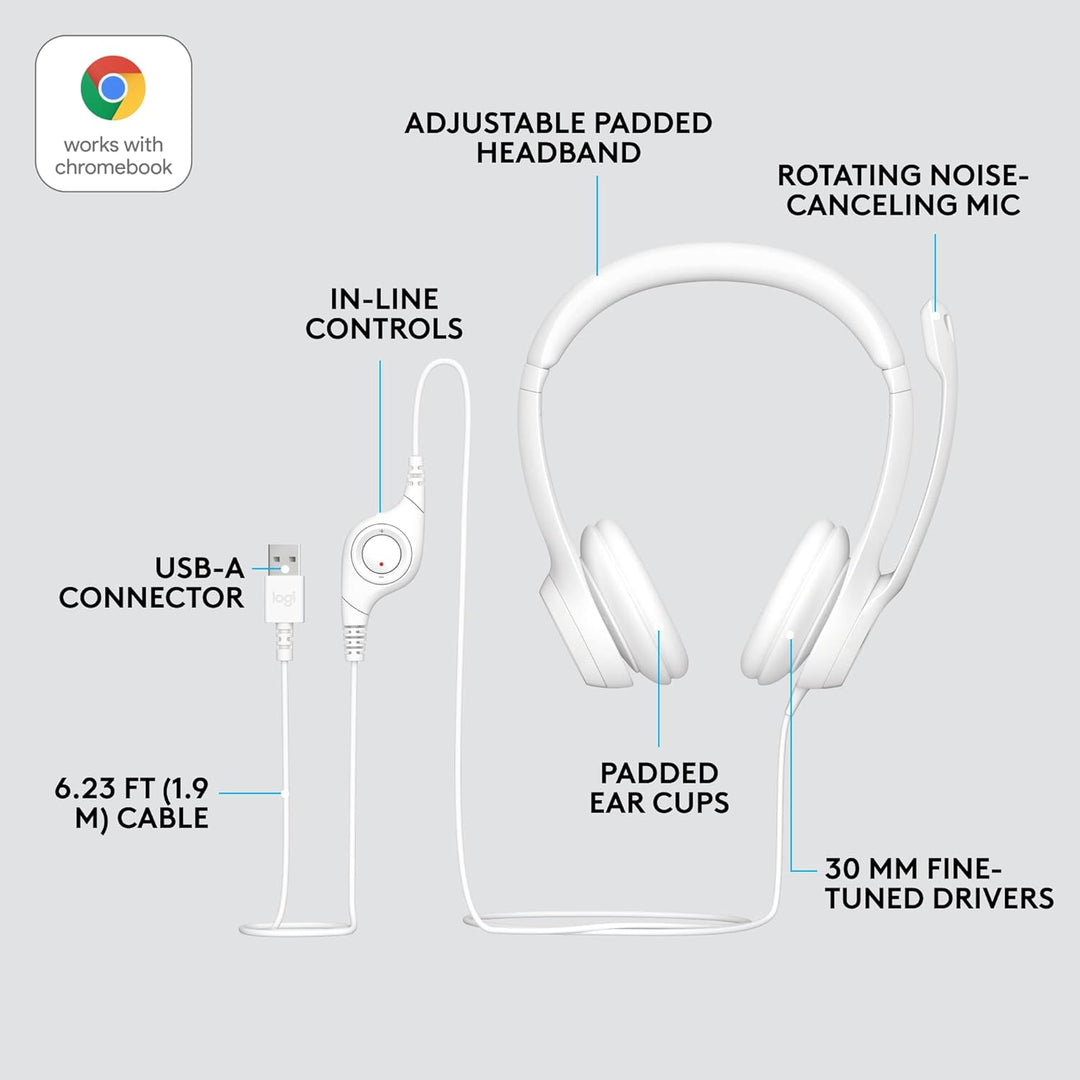 Logitech H390 Wired USB Headset with Noise-Cancelling Mic for PC, Chromebook, Laptop - Stereo Sound, In-line Controls, 1.9m Cable