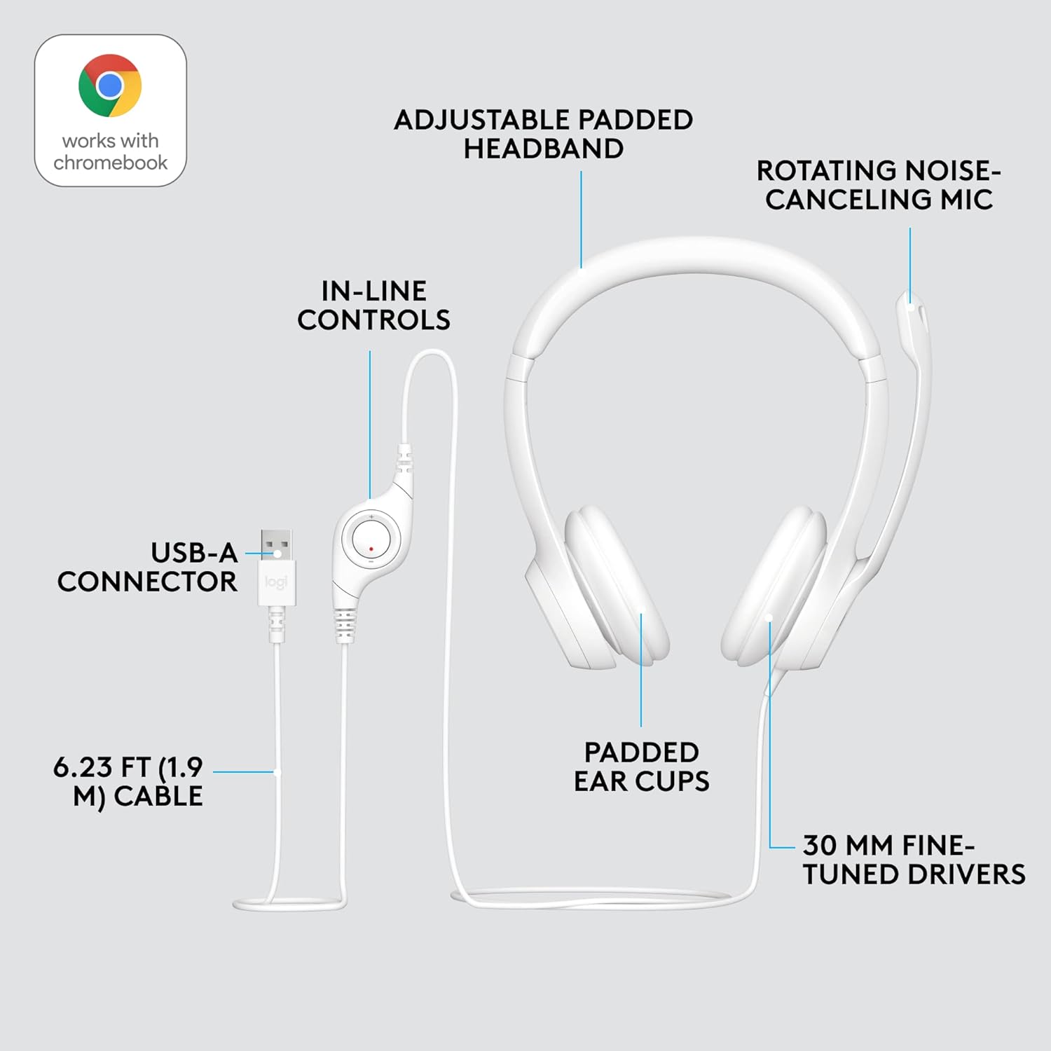 Logitech H390 Wired USB Headset with Noise-Cancelling Mic for PC, Chromebook, Laptop - Stereo Sound, In-line Controls, 1.9m Cable 5