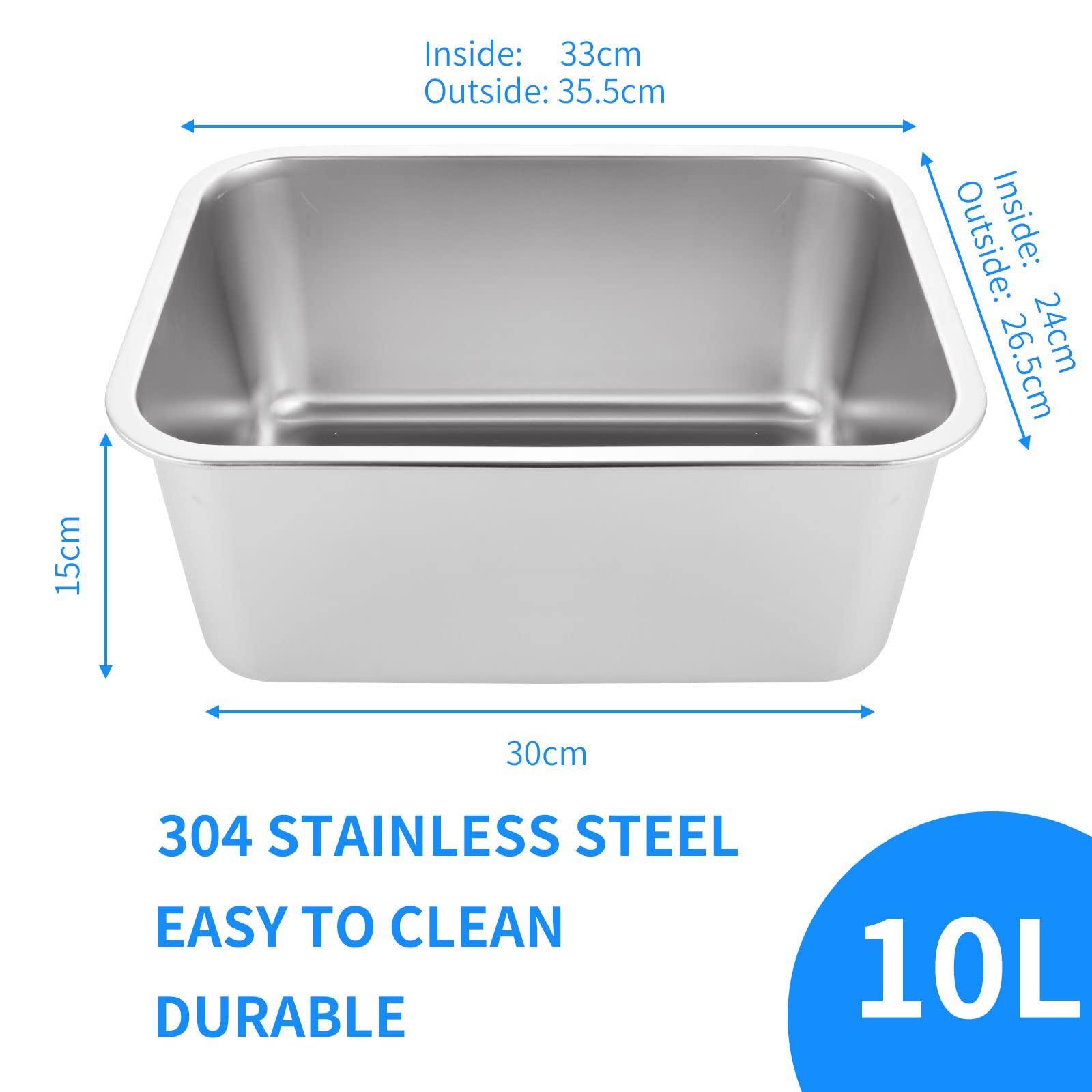ASelected - Washing Up Bowl 304 Stainless Steel Large Rectangular 10 Litre 3