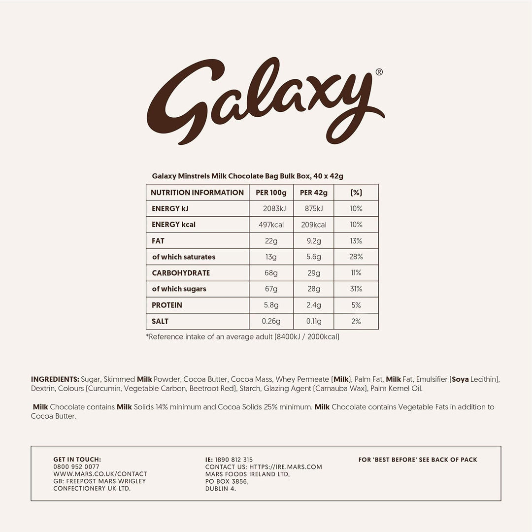 Galaxy Minstrels Milk Chocolate Bulk Box - 40 x 42g Bags, Smooth Chocolate with Crisp Sugar Shell