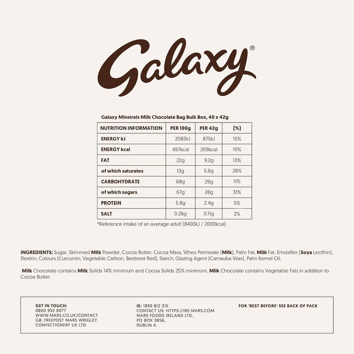 Galaxy Minstrels Milk Chocolate Bulk Box - 40 x 42g Bags, Smooth Chocolate with Crisp Sugar Shell