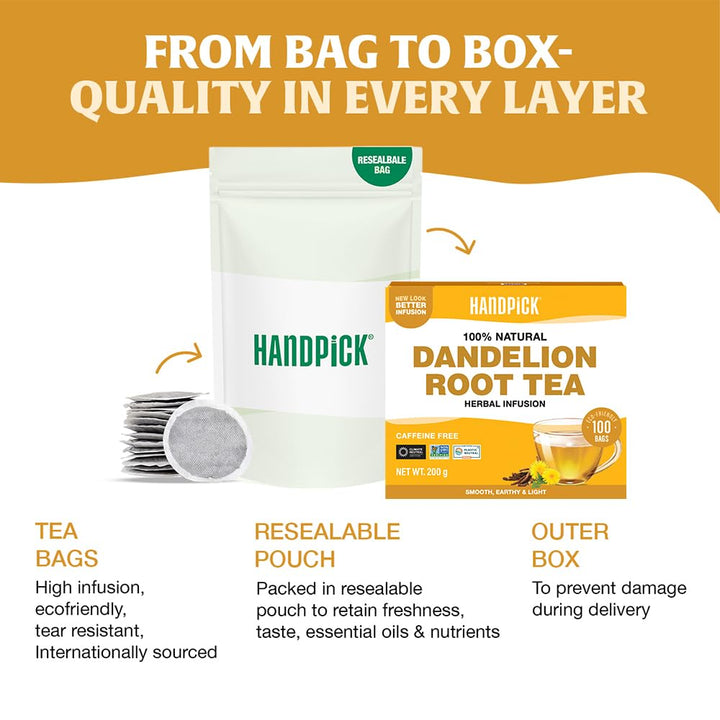 HANDPICK Dandelion Root & Leaf Tea Bags (100 Herbal Tea Bags) Caffeine-Free