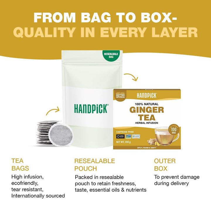 HANDPICK Ginger Tea Bags (100 Count) Non-GMO, Pure Ingredients - Soothing & Spicy Herbal Tea | Eco-conscious Round Tea Bags