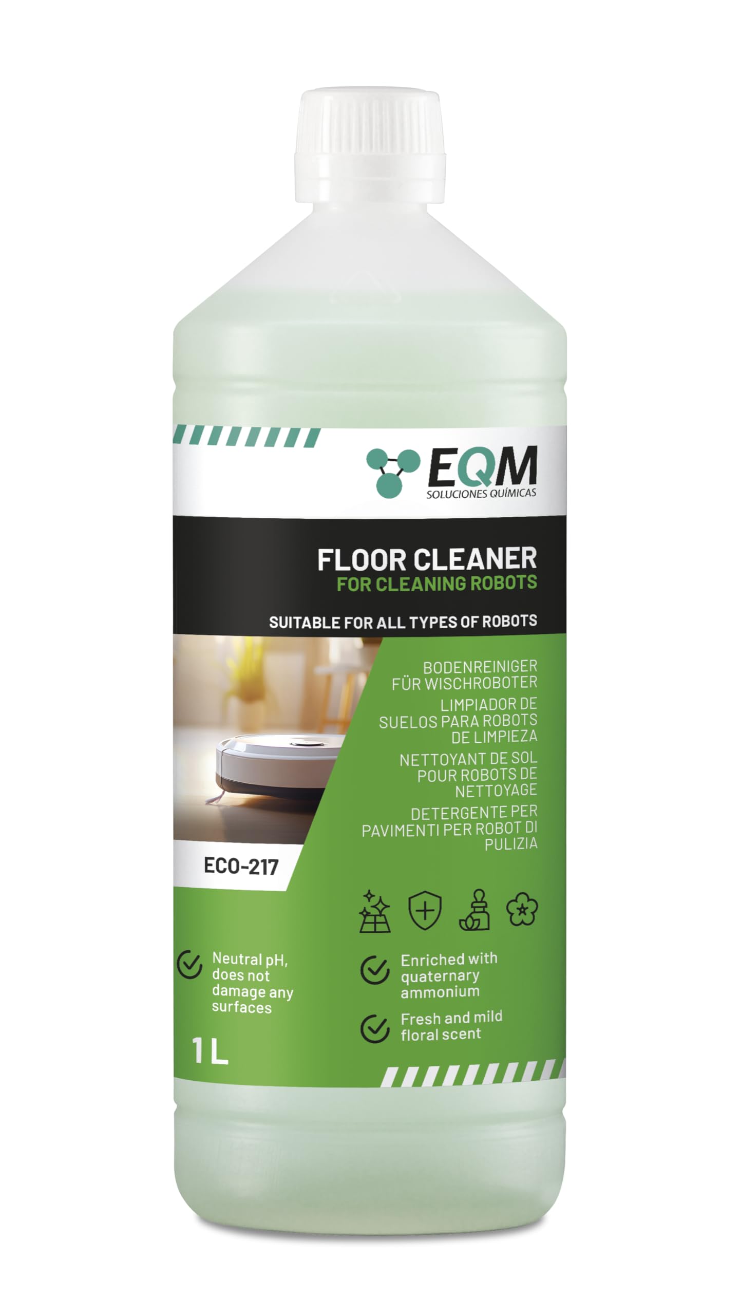 EQM SOLUCIONES QUIMICAS ECO-217 Floor Cleaner for Wiping Robots | 1L | Neutral pH | Floral Scent