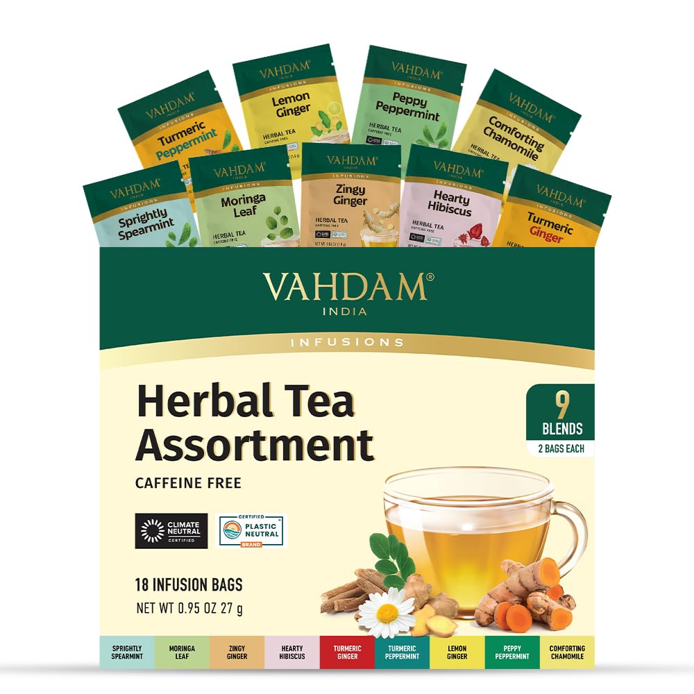 VAHDAM - Assorted Herbal Tea Sampler (18 Tea Bags, 9 Flavors) Caffeine-Free 1