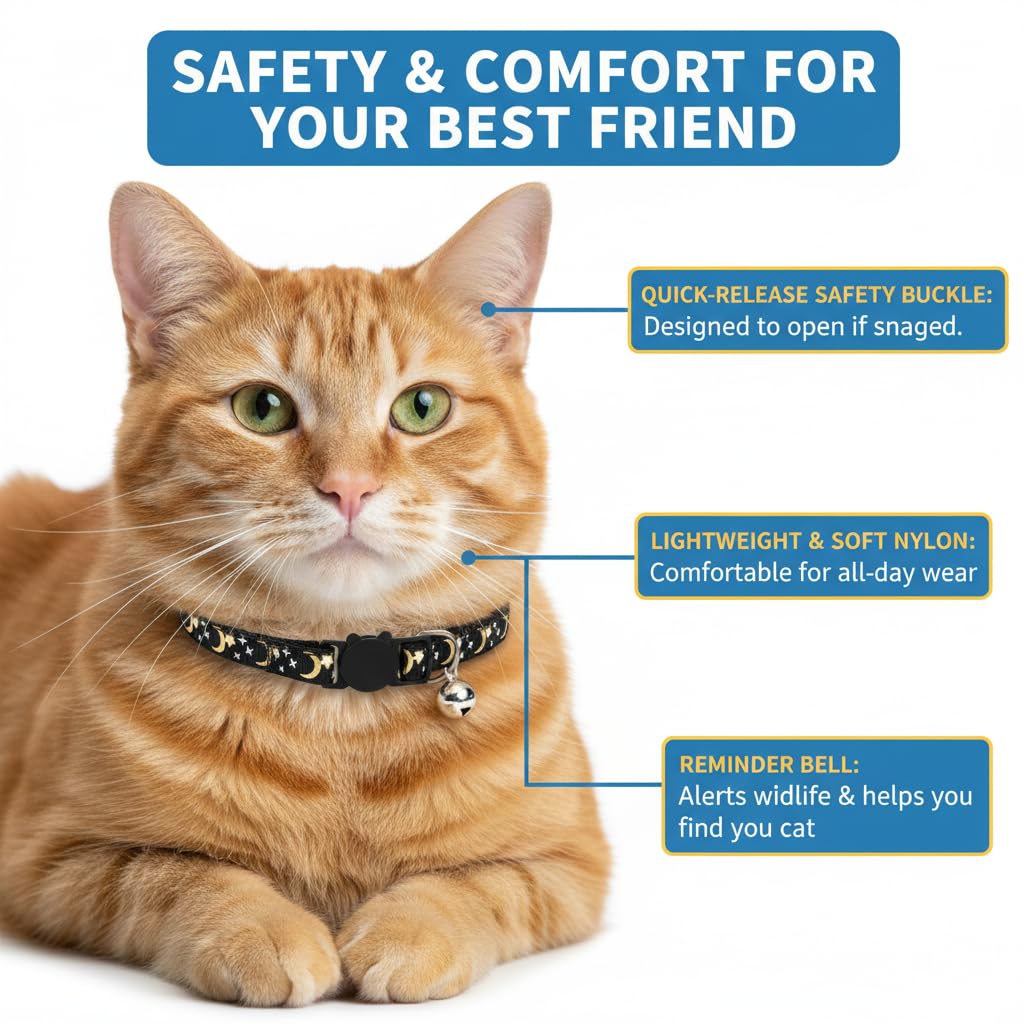 Muexoee Reflective Adjustable Cat Collar with Bell - Moon Star Print, Safety Buckle, Red 5