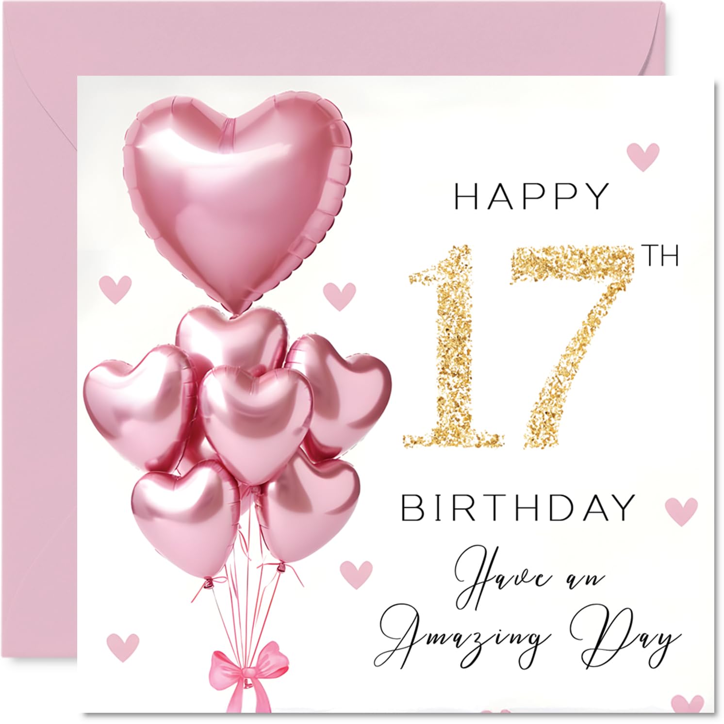 Stuff4 17th Birthday Card for Girls - Pink Glitter Balloons Design | 145mm Square | Blank Inside 1