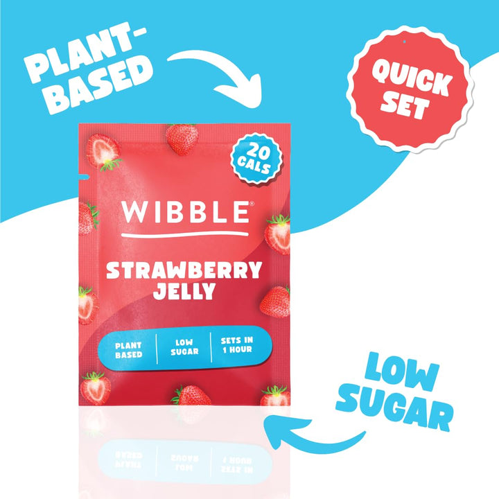 Wibble Strawberry Jelly Crystals, Plant-Based Low Sugar Jelly Powder, 12-Pack, Quick-Set Vegan Dessert
