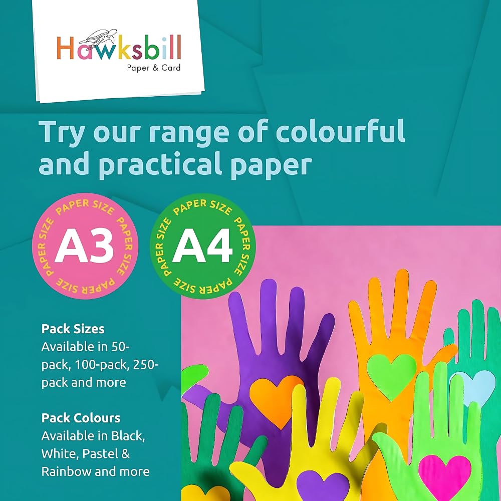 Hawksbill 130GSM A4 Coloured Paper - 50 Pack Assorted Rainbow Sheets for Arts & Crafts 8