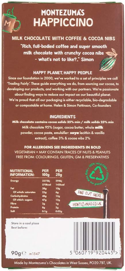 Montezuma's Happiccino, 35% Cocoa, Milk Chocolate With Coffee & Cocoa Nibs, Glut