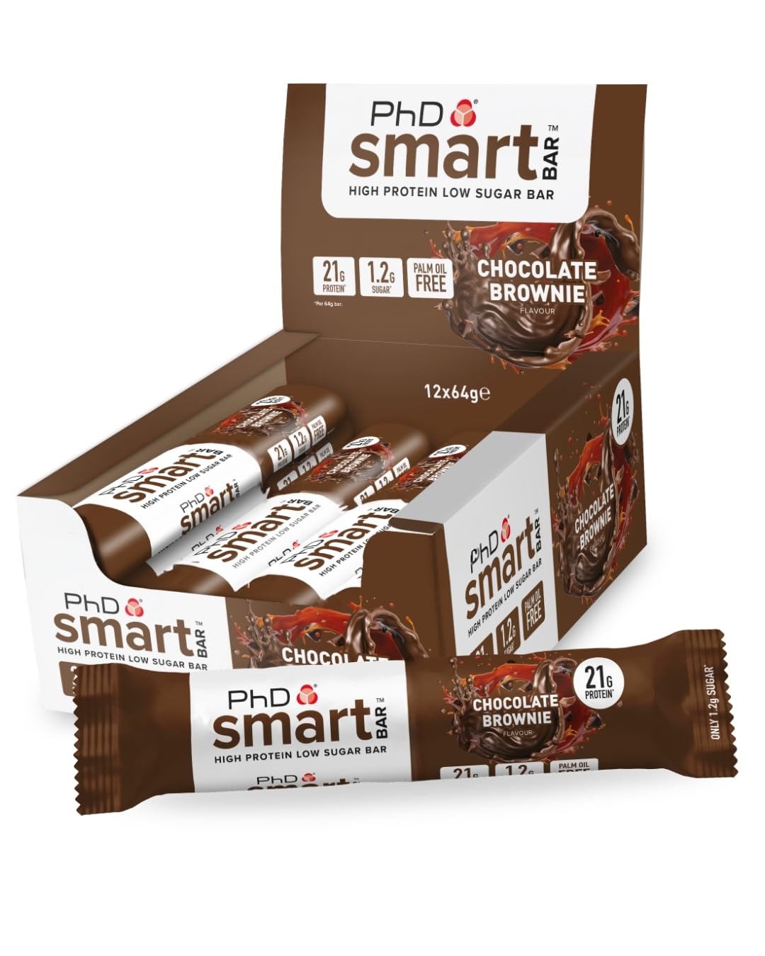 PhD Nutrition Smart Protein Bar Low Calorie, High Protein Low Sugar, Chocolate Brownie Flavour, 21g Protein, 64g Bar (12 Pack) 1