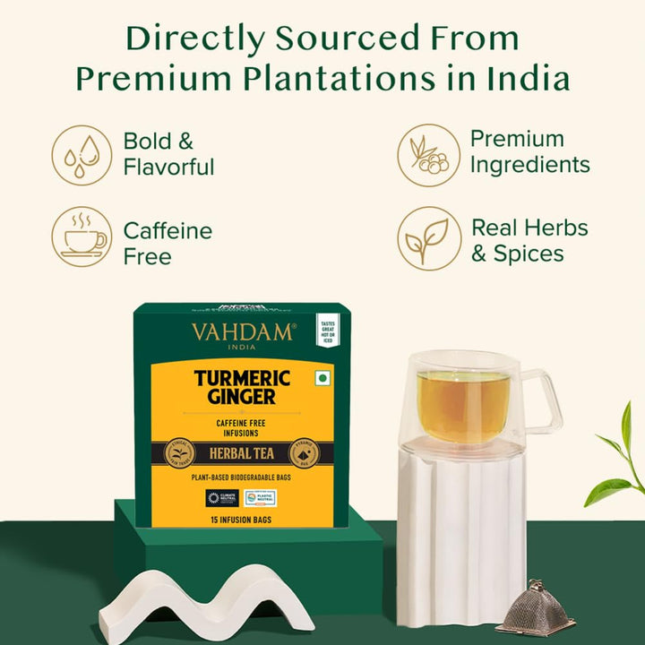 VAHDAM - Turmeric + Ginger Herbal Tea Blend (15 Pyramid Tea Bags)