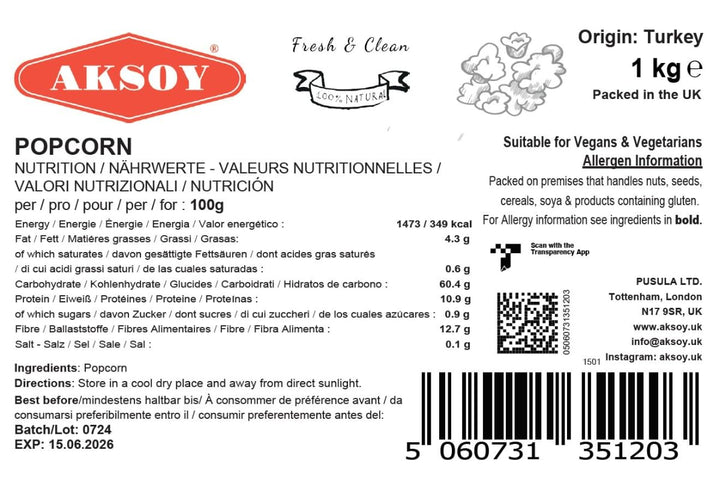 AKSOY Popping Corn Kernels - 1KG | Gourmet White Popcorn for Stovetop, Air Popper & Microwave
